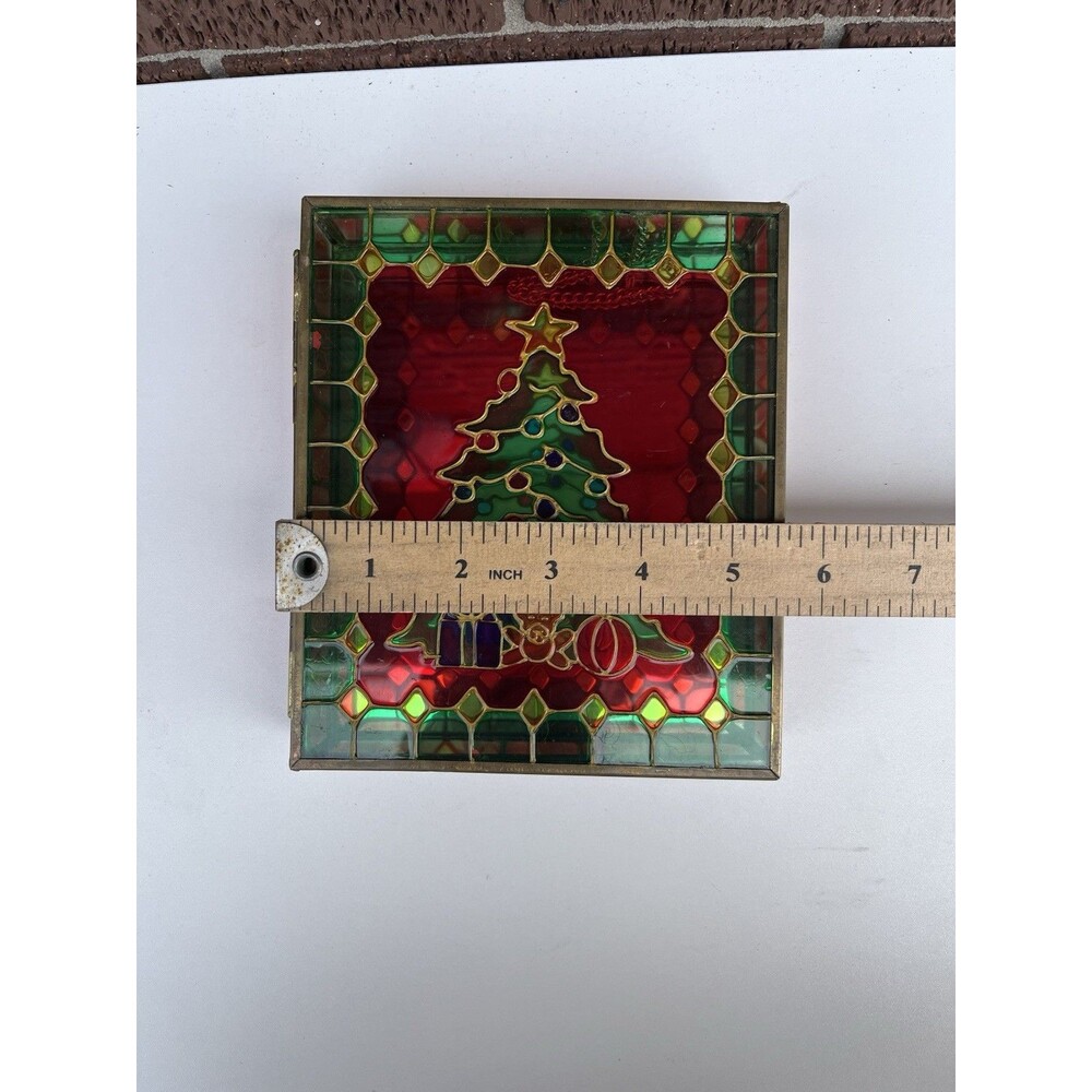 Vintage Hinged Stained Glass And Brass Candy Box With Christmas Tree - Picture 5 of 6